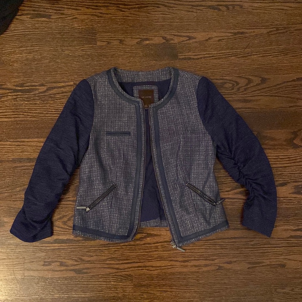 Navy jacket with faux leather detail, XS